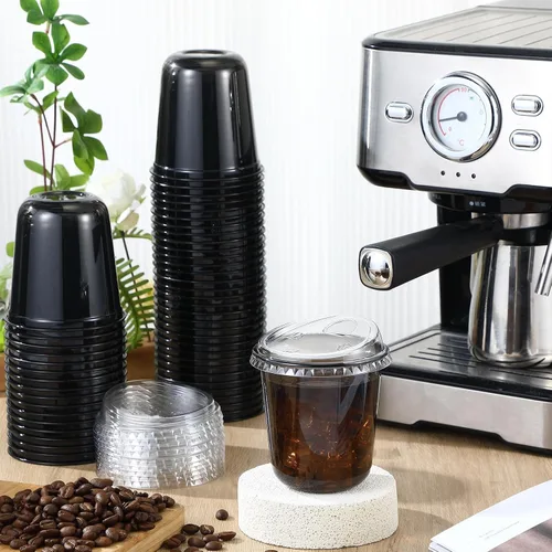 Vista 2 de Ziliny 50 juegos de tazas de café de plástico transparente con tapas para beber, tazas desechables de plástico PET transparente para café helado