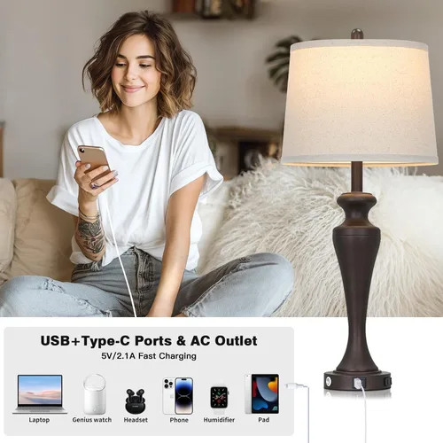 Vista 3 de Lámpara de mesa marrón oscuro de 30 pulgadas, lámpara de noche individual con control táctil de 3 vías con puertos USB A+C y salida de CA, lámparas