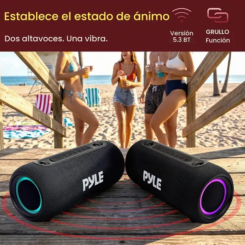 Vista 6 de Pyle Altavoz Bluetooth portátil - LED RGB, IPX5 impermeable, emparejamiento estéreo TWS, USB/AUX/FM, micrófono integrado, carga USB-C, batería 7H