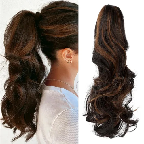Vista 37 de Felendy Extensión de cola de caballo de 18 pulgadas, mezcla de rubio ceniza, marrón oscuro, rizado, ondulado, con clip, extensiones de cabello largo