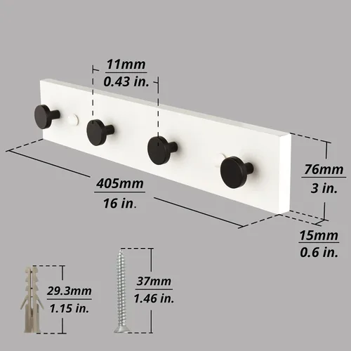 Vista 5 de HASWARE Ganchos de pared de 16 pulgadas, perchero de madera con 4 ganchos de pared de aluminio, para sombrero, toalla, bolsa de llaves