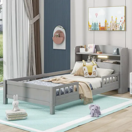 Vista 3 de Harper & Bright Designs Base de cama individual para niños con cabecera de almacenamiento y barandilla, marco de cama de plataforma individual