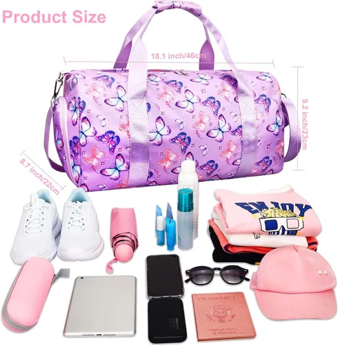 Vista 3 de Bolsa de viaje para gimnasio para niñas, bolsa de gimnasia deportiva con compartimento para zapatos y bolsillo húmedo, bolsa de viaje para niños