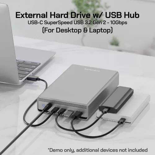 Vista 5 de Avolusion PRO-G1 Series 8TB USB 3.2 Gen 2 (10Gbps) Disco duro externo USB-C con HUB USB para PC de escritorio Windows o MacOS (Plata)
