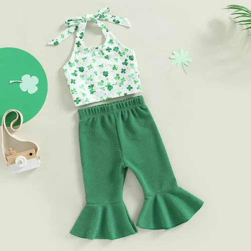 Vista 9 de Conjunto de ropa de verano para niña pequeña, diseño floral, sin mangas, cuello halter, parte inferior acampanada