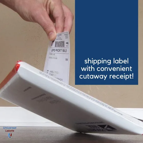 Vista 2 de 100 etiquetas para envíos clics con recibo de arranque para imprimir franqueos en línea. Universal Labels® Tear Off Receipt, Self Adhesive, For