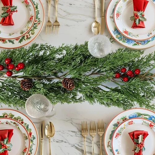 Vista 9 de ENVEN Guirnalda de Navidad de cedro sintético con bayas rojas y conos de pino, vegetación de invierno sintética completa para repisas navideñas