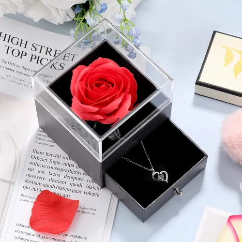 Vista 4 de Hicarer Collar con dije de corazón de proyección en 100 idiomas con rosa roja, caja de almacenamiento de joyas, regalos para mamá, mamá, día