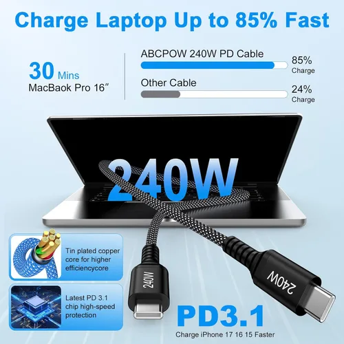 Vista 2 de Cable de carga para Samsung de 6 pies, 240 W, USB C a USB C, cable de carga súper rápida para Samsung Galaxy S26 Ultra Plus Z Flip 7 FE Z Fold 7 S25