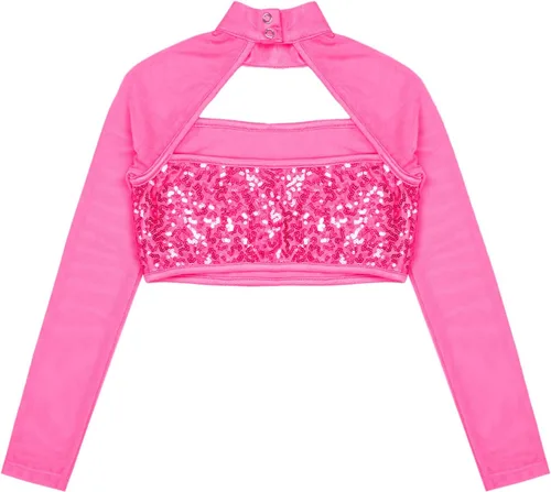 Vista 4 de YiZYiF Camiseta deportiva de manga larga con lentejuelas para niños y niñas, estilo hip hop, danza, cuello alto falso, ropa deportiva