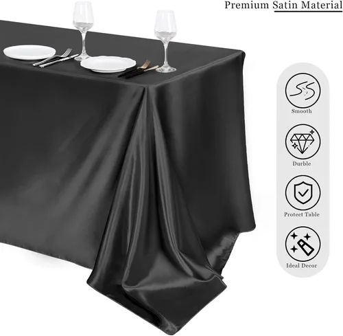 Vista 4 de TURSTIN Paquete de 4 manteles de satén negro de 102 x 58 pulgadas, mantel rectangular de seda brillante, tela suave, decoración de mesa para bodas