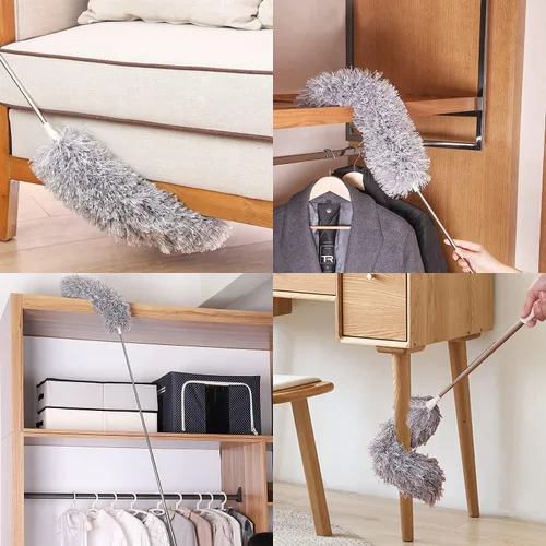 Vista 6 de Plumeros para limpiar ventilador de techo alto, plumero de microfibra de plumas Newliton con poste de extensión telescópico de 30" a 100", plumero