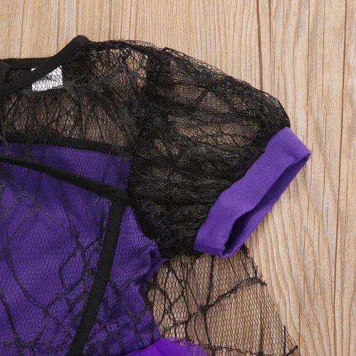 Vista 4 de Disfraz de bruja de Halloween de manga corta con encaje de araña tutú de tul vestido de fiesta de Halloween Morado