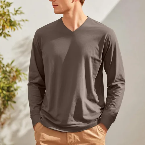 Vista 3 de Camiseta para hombre, manga larga, cuello en V, color liso, informal, básica, suave, elástica, M-3XL