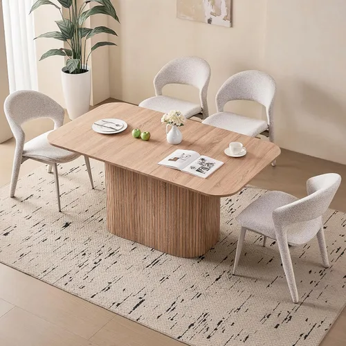 Vista 24 de Juego de 4 mesas de comedor grandes de 63 pulgadas para 4, esquinas redondeadas, mesa de cocina rectangular moderna de madera con sillas Boucle