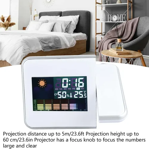 Vista 2 de Reloj despertador de proyección para dormitorio, reloj digital con proyector giratorio de 180°, pantalla LED transparente, cargador USB, repetición