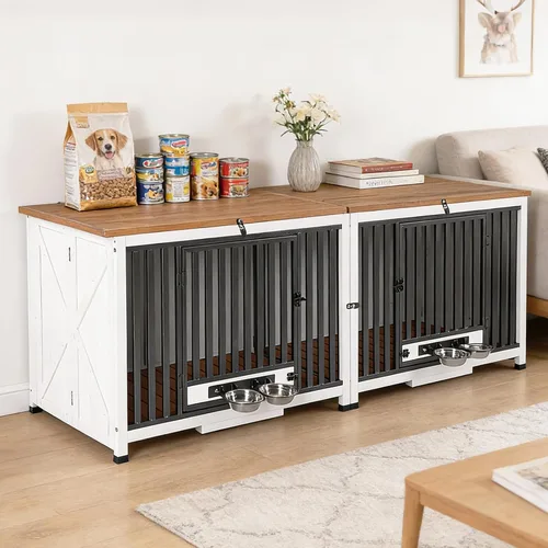 Vista 10 de Muebles de jaula para perros de 33.3 pulgadas, jaulas plegables para perros con cuencos giratorios de 360°, jaula de madera para cachorros con marco