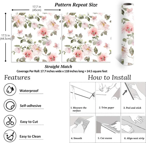 Vista 8 de VEELIKE Papel tapiz floral rosa suave de 17.7 x 118 pulgadas, papel de contacto floral de peonías vintage para paredes, armarios, estantes