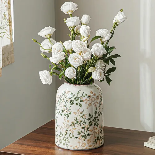 Vista 11 de Jarrón de cerámica verde y blanco con asa, florero rústico para decoración de hogar estilo “chinoiserie”, “grandmillenial” y toscano, jarrón