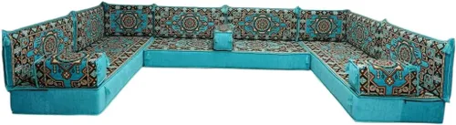 Vista 28 de arabicsofa Sofá en forma de U de estilo árabe para el suelo – Juego de Majlis hecho a mano – Sofá de estilo bohemio