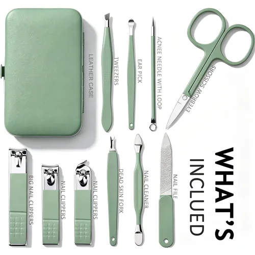 Vista 2 de HANTEKAS Juego de manicura 10 en 1 de acero inoxidable, cortaúñas tijeras kit de herramientas de pedicura - Kit de aseo portátil de viaje para Verde