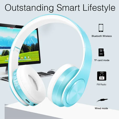 Vista 2 de RAT TAIL V5.0 Auriculares Bluetooth sobre la oreja, auriculares estéreo inalámbricos y con cable plegables micro SD/TF, FM para teléfono celular
