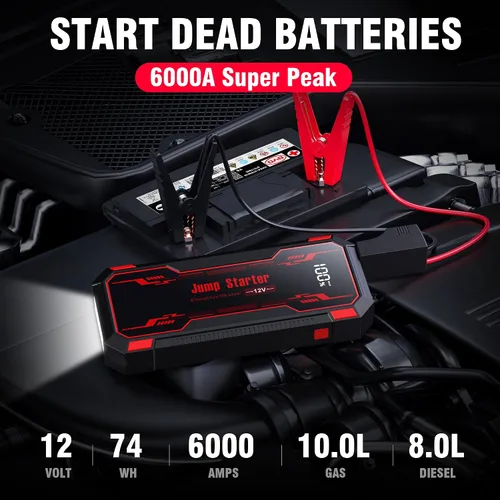 Vista 2 de Arrancador de Batería de Coche 6000A, Arrancador de Batería de Coche Portátil de 12V, Arrancador de Puente de Batería Portátil