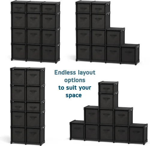 Vista 6 de Estante organizador de almacenamiento de tela de 6 cubos para dormitorio, sala de juegos y más, estantes resistentes para cubos de bricolaje en negro