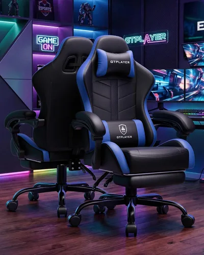 Vista 2 de GTPLAYER Silla de juegos para adultos, silla ergonómica para juegos de computadora con reposapiés, altura ajustable, reclinación de 90-155° y Azul