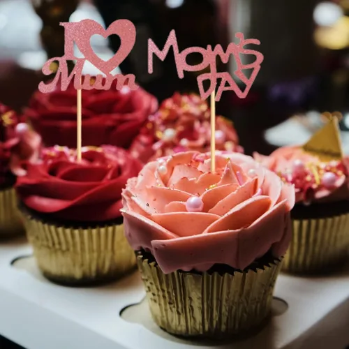 Vista 5 de Decoración para cupcakes para el Día de la Madre, 24 piezas con purpurina para fiesta de cumpleaños, suministros de cartón y bambú de primera calidad
