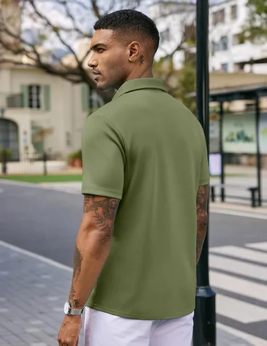 Vista 4 de COOFANDY - Camisas sin arrugas para hombre, casual, manga corta, con botones, de verano, elástica, de vestir