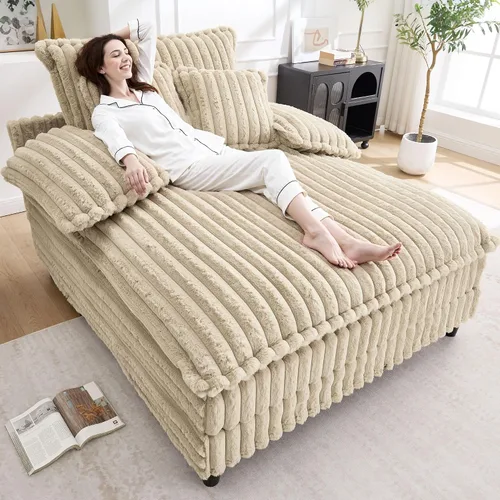 Vista 15 de WESTSETLUX Tumbona extragrande de 54.8 pulgadas de ancho para interiores con respaldo ajustable de 5 posiciones, sofá cama de pana con 3 almohadas