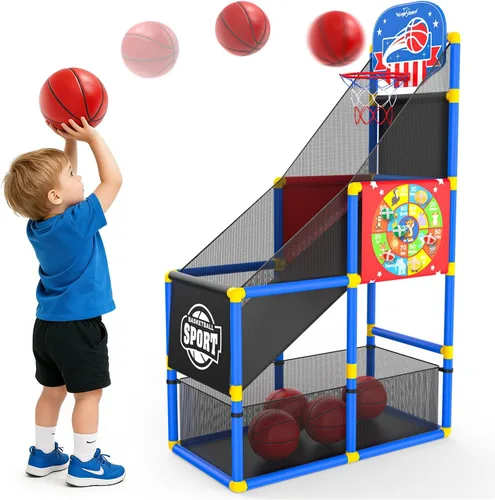 Vista 10 de EagleStone - Aro de baloncesto ajustable con retorno de pelota para niños Azul y amarillo