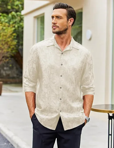 Vista 3 de COOFANDY Camisa de vestir con estampado floral para hombre, camisas de manga larga con botones de cachemira para boda, fiesta, baile de graduación