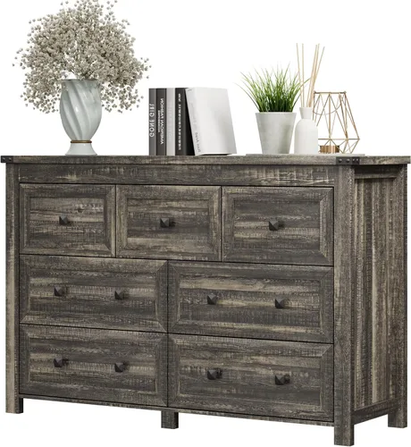 Vista 15 de Xixini - Cómoda para dormitorio con 5 cajones, cómoda alta de madera, organizador moderno de ropa estilo granja, gabinete de almacenamiento con asas