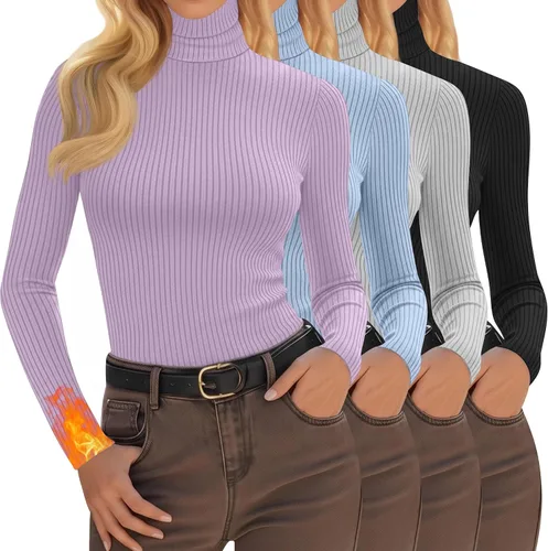 Vista 13 de Oakgarden Paquete de 4 camisetas térmicas de cuello alto para mujer, de manga larga, acanaladas, de algodón, ajustadas, capa base, ropa