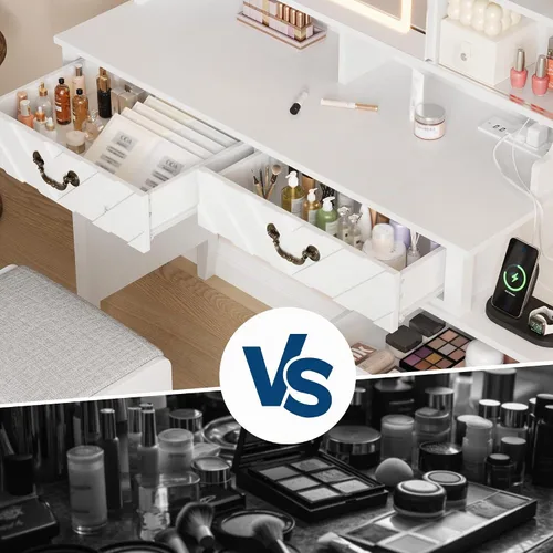 Vista 9 de GarveeHome Escritorio de tocador con espejo deslizante y luces, tocador de maquillaje blanco con taburete, tocador retráctil con tomacorriente