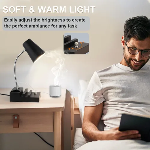 Vista 5 de LALISU Lámpara de escritorio de estudio con carga USB y luz nocturna tipo C, lámpara de mesa LED de cuello de cisne, lámpara de mesa de estudio