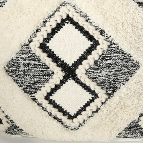 Vista 5 de WHW Whole House Worlds Puf otomano bohemio de Fringy, algodón, madera y frijoles, cubo tribal blanco y negro, 19.75 pulgadas