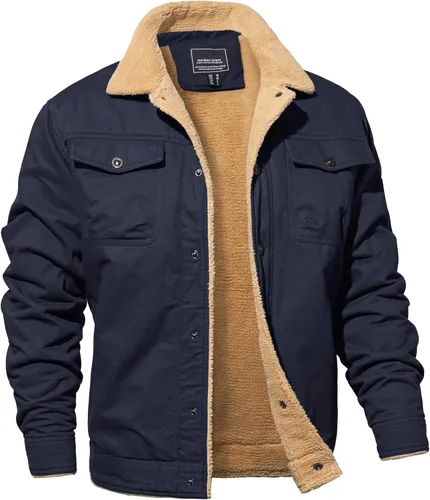 Vista 9 de MAGNIVIT Chaqueta cargo de algodón para hombre, chaqueta de trabajo con forro polar Sherpa de invierno con 5 bolsillos