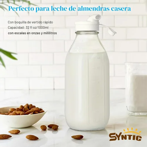 Vista 4 de Syntic Botellas de leche de vidrio cuadrado de un litro con tapa hermética, tapa de rosca resistente 100% a prueba de fugas, botellas de jugo