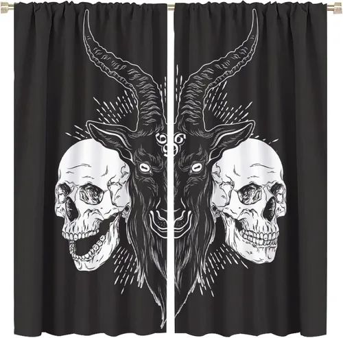 Vista 42 de BAEKJIN Cortinas de cabeza de cabra, diseño de calavera malvada, bruja, símbolo misterioso, bolsillo para barra, cortinas opacas para ventana, juego