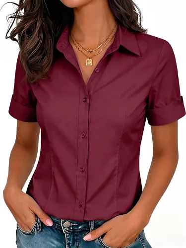 Vista 7 de siliteelon Camisas de vestir de manga corta con botones para mujer, camisas de algodón con botones para mujer, blusa ajustada de manga 3/4 Beige