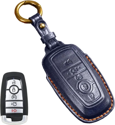 Vista 8 de Funda de cuero para llave de auto para Ford F-150 Mustang, llave inteligente con mando a distancia, funda de 5 botones, color negro