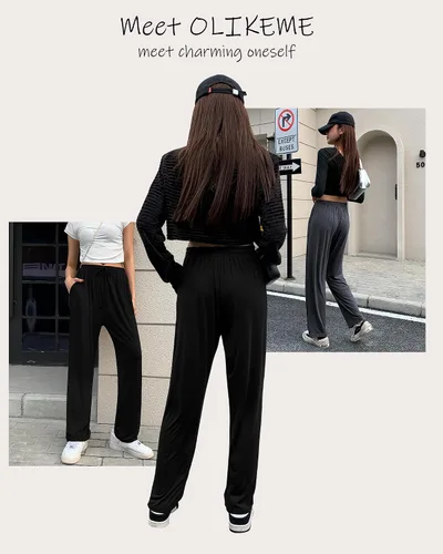 Vista 2 de OLIKEME Pantalones de yoga para mujer, holgados, cómodos, informales, pantalones de pierna ancha, pantalones de entrenamiento ligeros con bolsillos