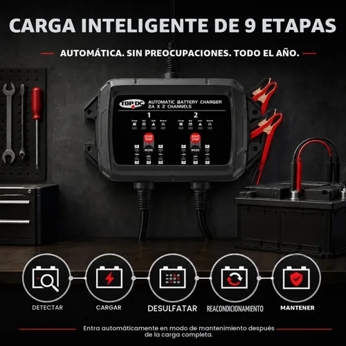 Vista 2 de TOPDC Cargador de batería automático de 2 bancos 4A, 6V/12V, 2A por canal