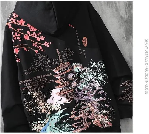 Vista 3 de Y2K - Sudadera con capucha de anime estético Sakura, estampado japonés Harajuku, de gran tamaño, con cremallera, sudadera con capucha, ropa Alt Emo