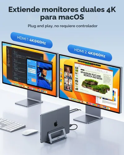 Vista 2 de Estación de acoplamiento USB-C para MacBook Pro/Air, Dual HDMI, USB-C Dock con 10Gbps, PD3.0, RJ45, 2xUSB 3.0, 2xUSB 2.0, SD/TF, Audio