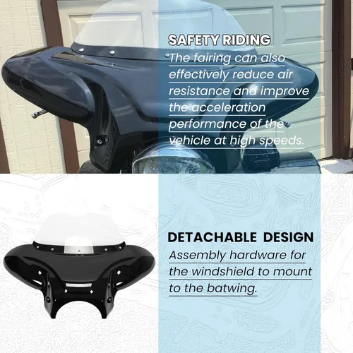 Vista 4 de Carenado universal, alas de murciélago, con parabrisas polarizado, para motocicleta grande Cruiser. Parabrisas de 37 pulgadas de ancho x 24