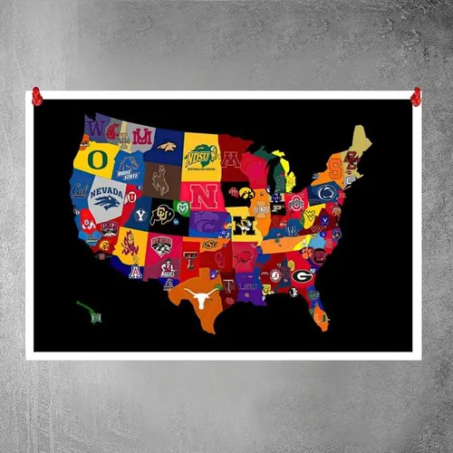 Vista 3 de Póster con logotipo de equipos de fútbol universitario, mapa de logotipo de equipos de fútbol universitario, mapa de rugby de la liga mayor, lienzo
